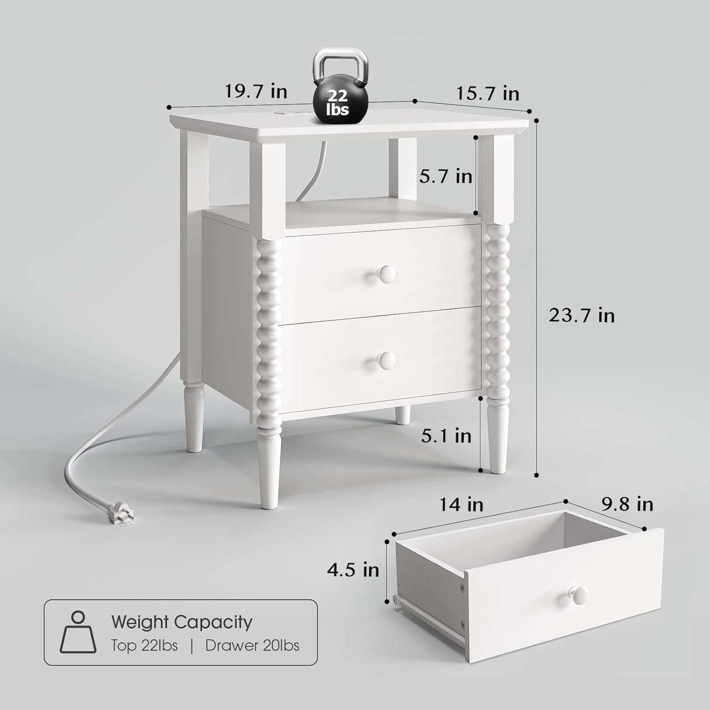 White Night Stand Set 2, Vintage Nightstand with Charging Station, Modern Bedside Table with 2 Drawers, End Table with Solid Wood Legs, Bed Side Tables for Bedroom, White