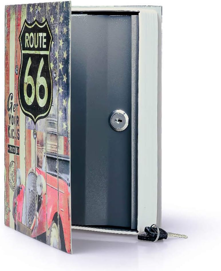 Diversion Book Safe Storage Box (9.5"×6"×2.2"), Dictionary Secret Safe Can with Security Key Lock, Diversion Book Hidden Safe (Route 66 Road-Key)