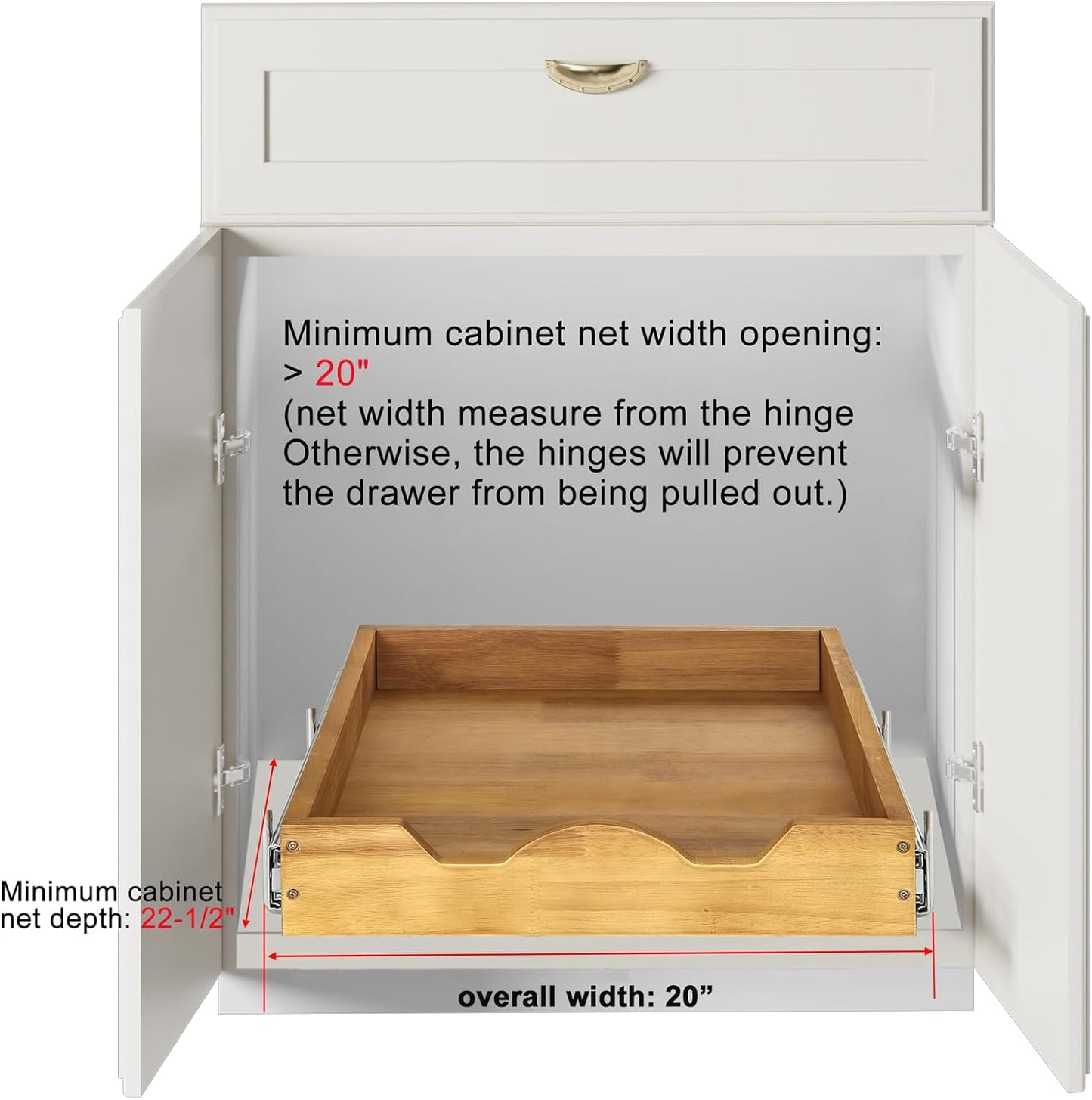 DINDON Pull Out Cabinet Organizer (20" W x 18" D) 1 Tier，Single Tier Oak Wood Under Cabinet Slide Out Shelf Drawer Box…