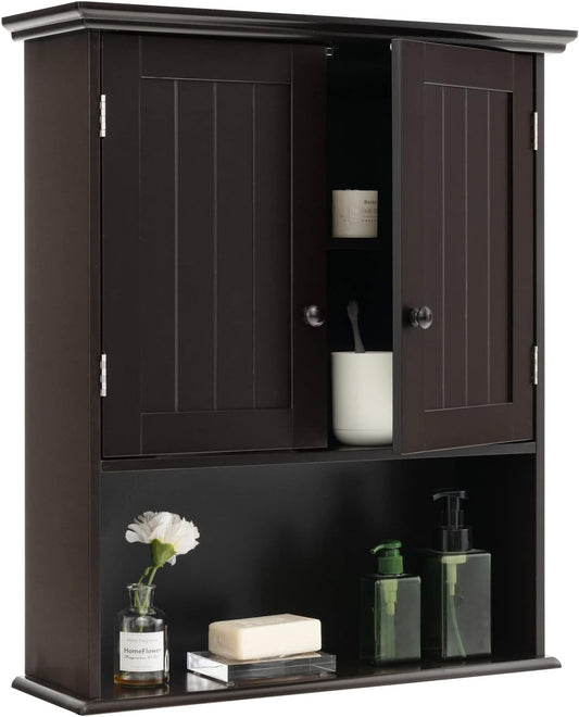 Tangkula Wall Mount Bathroom Cabinet Wooden Medicine Cabinet Storage Organizer with 2-Doors and 1-Shelf Cottage Collection Wall Cabinet (Espresso)