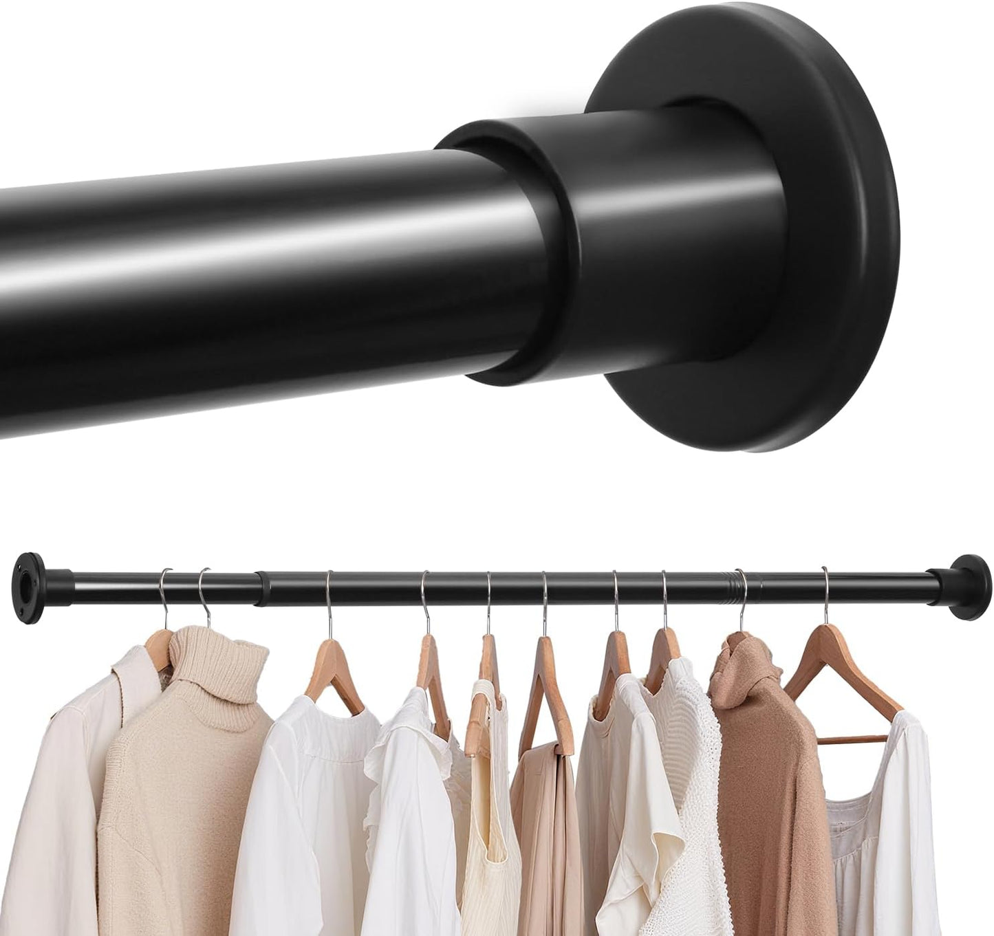 Black Adjustable Closet Rod 18-92 Inches, Heavy Duty Metal Clothes Hanging Rod, Rust-Proof Non-Slip Wardrobe Bar for Closet, Laundry Room, RV
