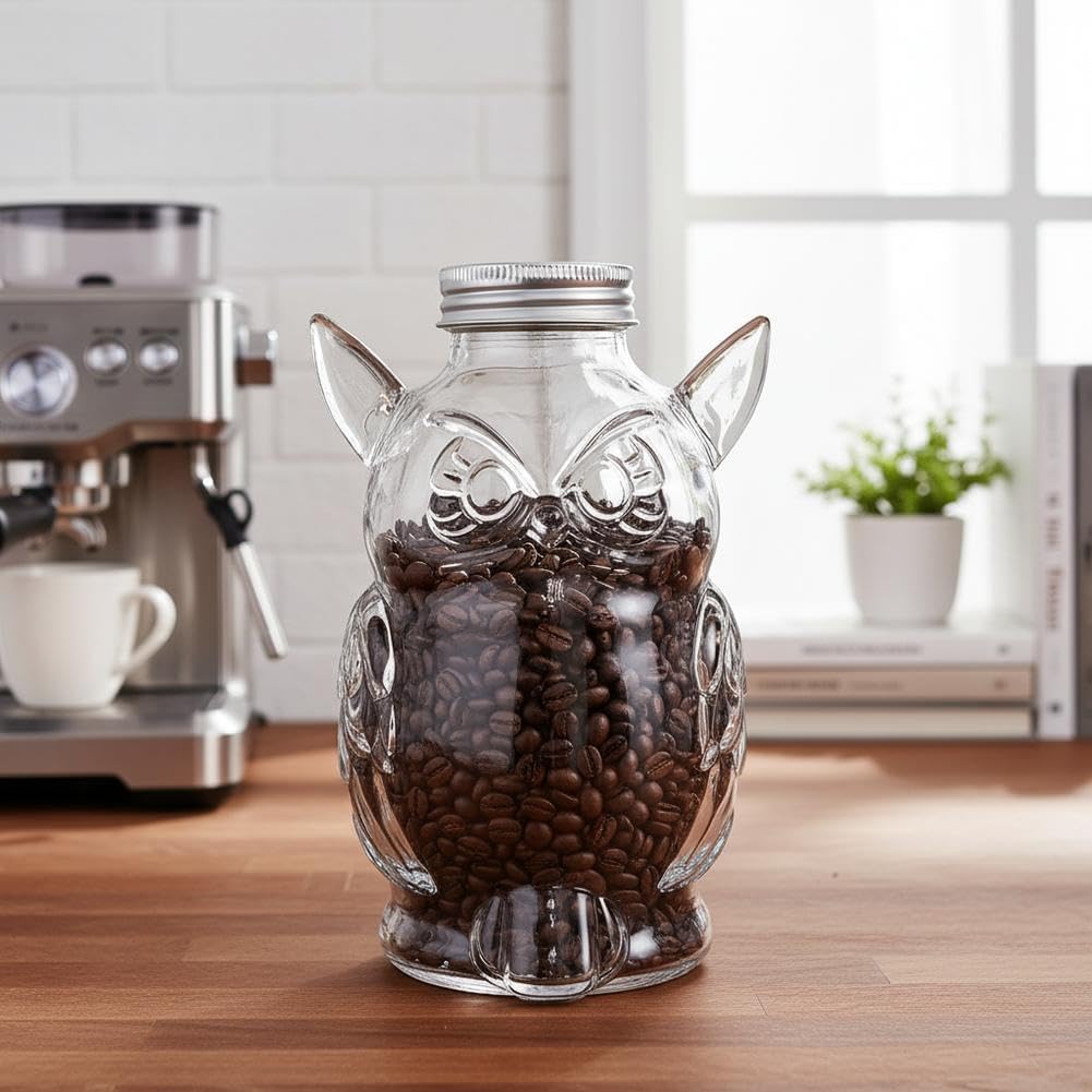 Owl Treat Jar, Airtight Glass Snack Container with Lid, Cute Owl Shaped Candy Pet Snack Jar, Clear Box Cute Container for Kitchen Food Storage