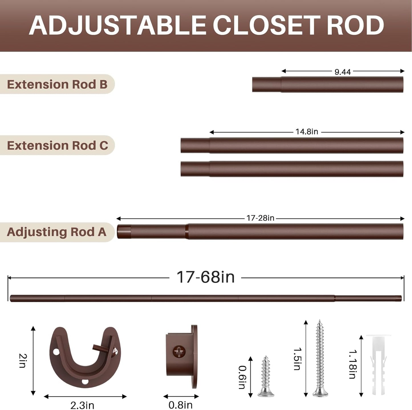 Closet Rod - Closet Rods for Hanging Clothes, 17 to 68 inch Adjustable Closet Hanging Rod, Heavy Duty Clothes Rod Clothing Bar, Closet Poles for Hanging Clothes for Wardrobes, Shower Curtain