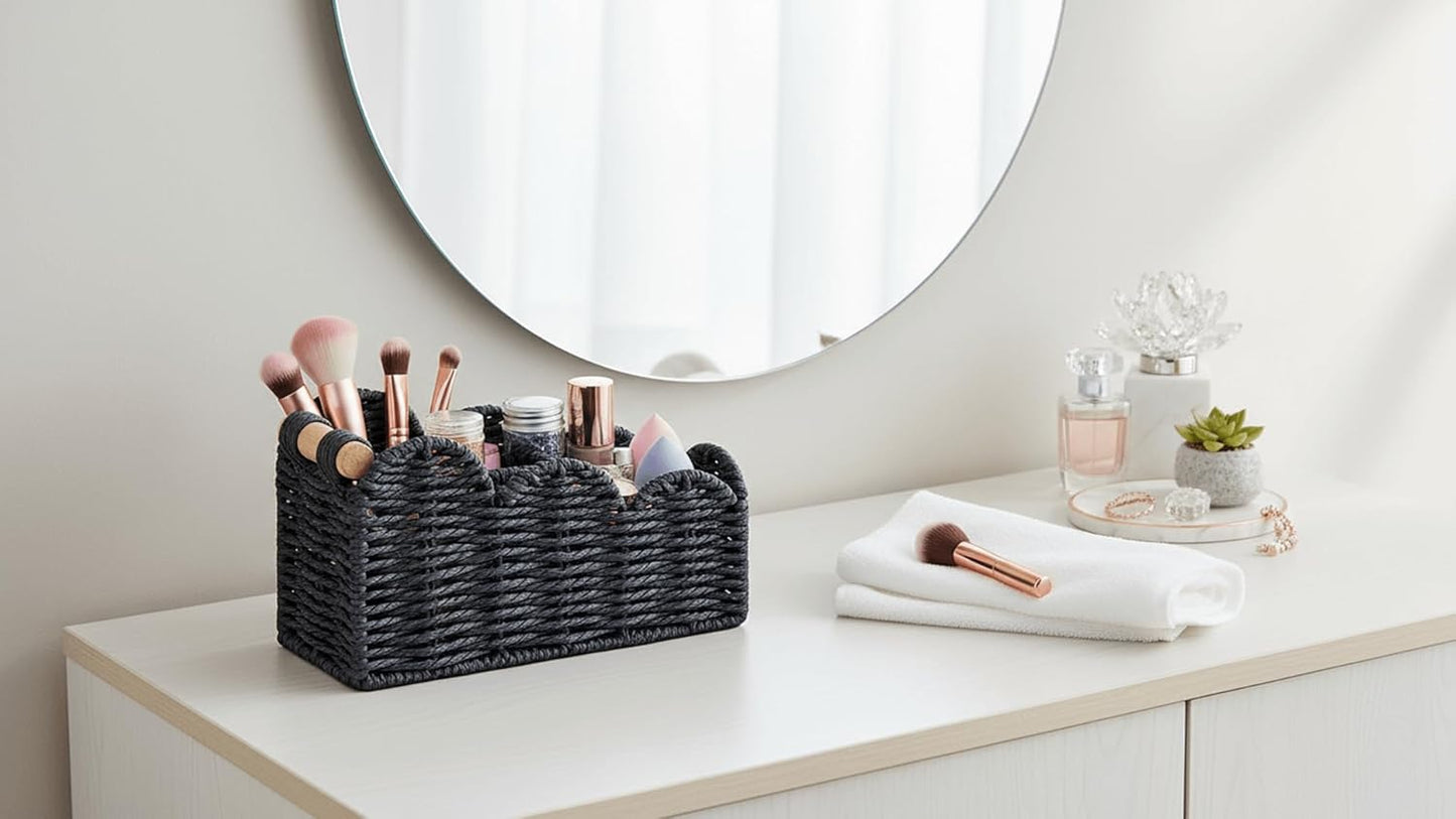 CubesLand Scalloped TV Remote Control Holder Bedside Organizer, Office Desk Caddy Storage Organizer Accessories, Pen Pencil Cup, Makeup Brush Holder, Fits Farmhouse Rustic Decor, Earth Friendly, Black