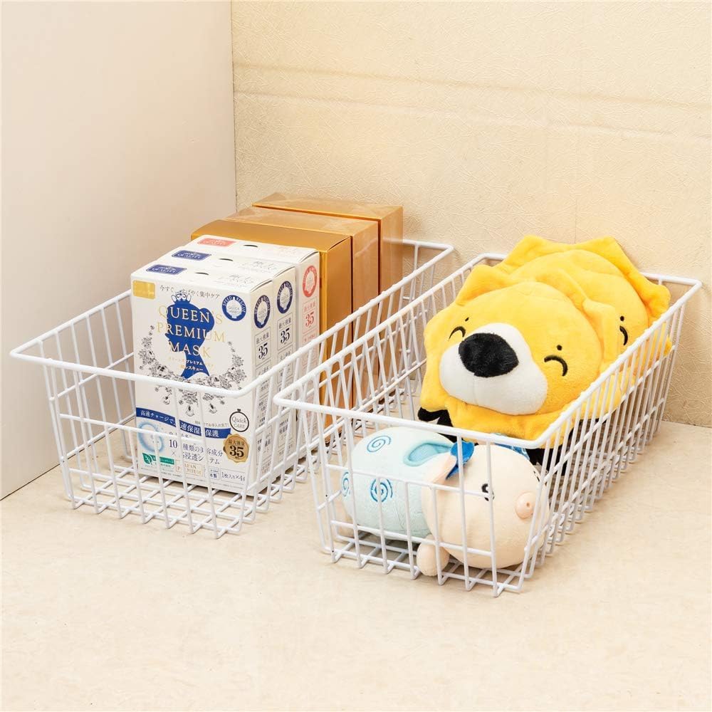 Wire Storage Basket Freezer Organizer Bins Food Storage Metal Baskets with Handles Pantry Organizer for Kitchen Freezer Cabinets Closet Bedroom Bathroom,Set of 4,White