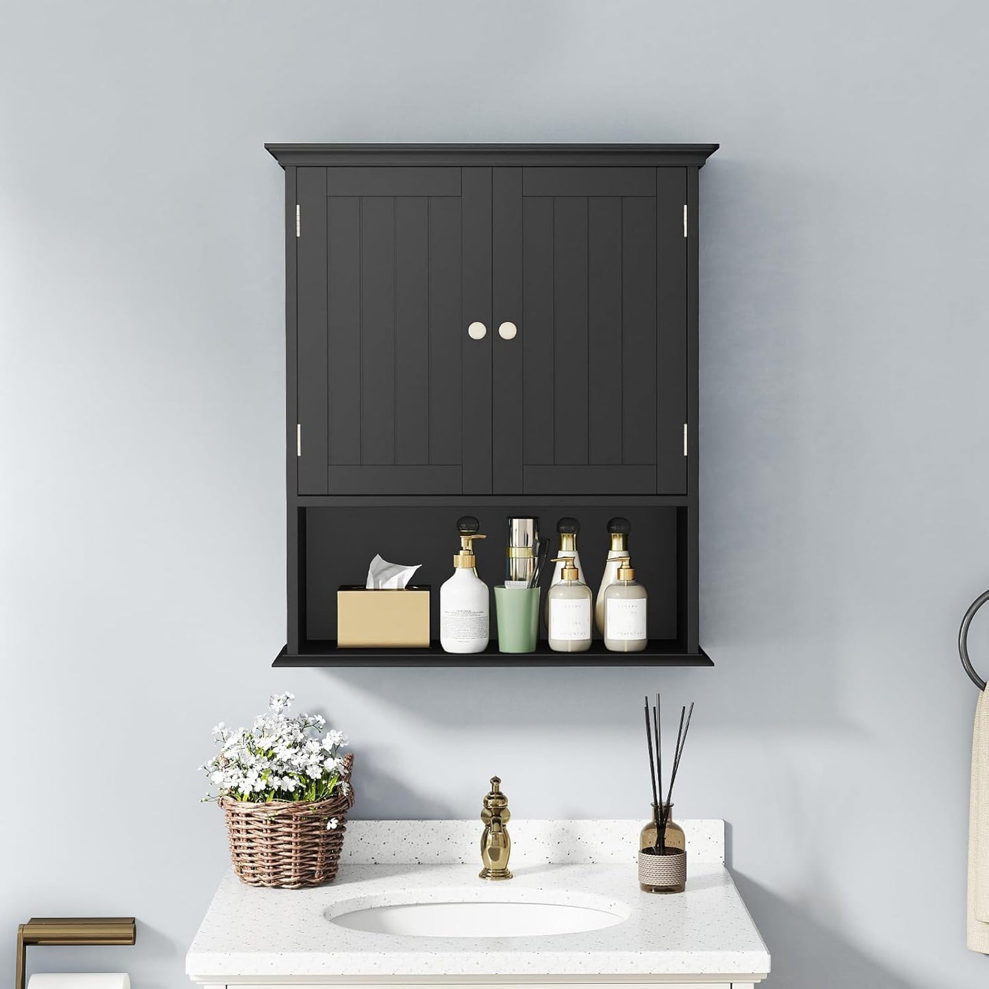 Tangkula Bathroom Wall Cabinet, Wooden Hanging Storage Cabinet with Doors & Shelves, Multipurpose Storage Cabinet for Restroom Kitchen Living Room, Wall Mounted Bathroom Medicine Cabinet (Black)