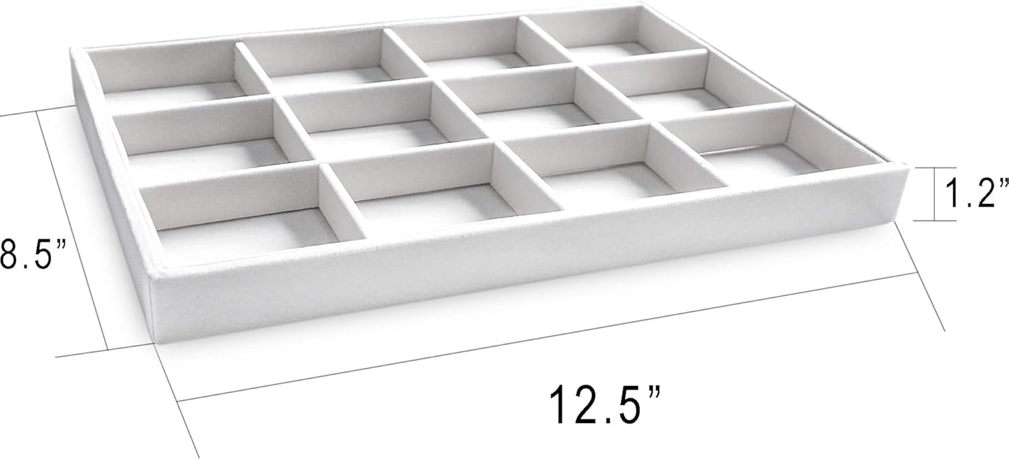 Frebeauty Stackable Velvet Jewelry Organizer Trays for Drawers Inserts Jewelry Storage Tray Display Case, Stud Earrings Bracelets Necklace Rings Accessories Trays for Women(Set of 4)(White)