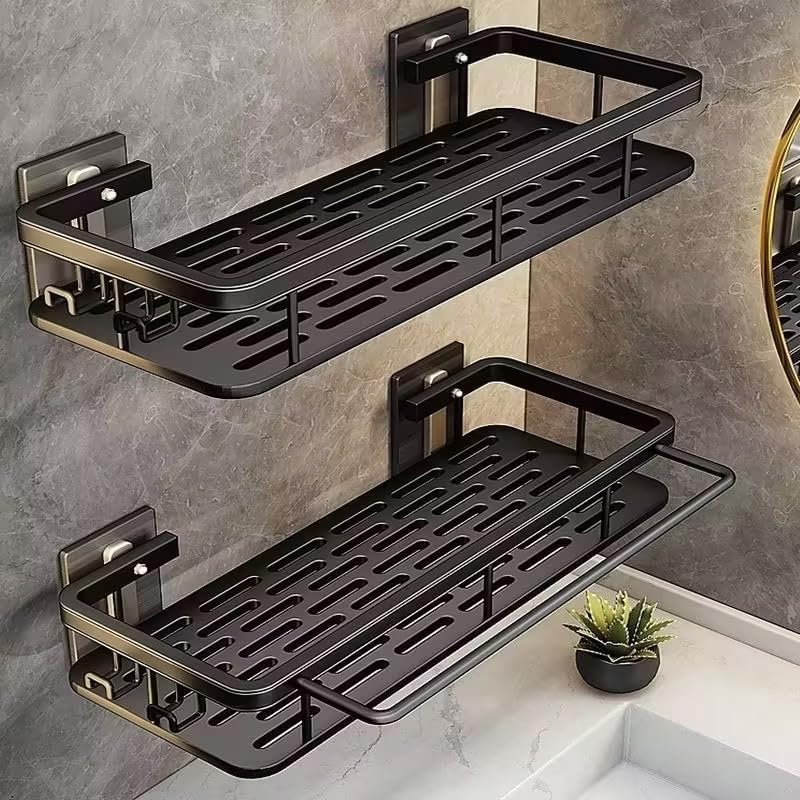 Shower Caddy Adhesive 2Pack with Hooks and Rod for Towels Black-Premium Bathroom Shower Shelves Shampoo Organizer Rack Storage Bathtub Shelf Rustproof Easy Installation Sturdy Build Sleek Modern Look