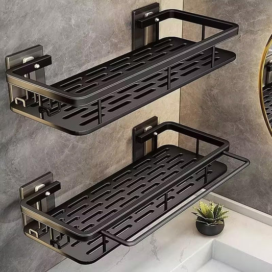 Shower Caddy Adhesive 2Pack with Hooks and Rod for Towels Black-Premium Bathroom Shower Shelves Shampoo Organizer Rack Storage Bathtub Shelf Rustproof Easy Installation Sturdy Build Sleek Modern Look