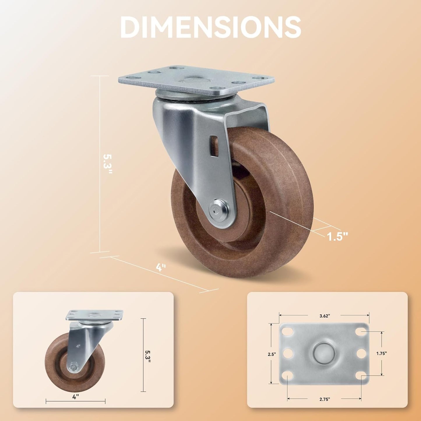4" Hi-Temp Glass FiIled Nylon Casters, Heavy Duty Casters Set of 4, Industrial Caster Wheels for Commercial Kitchen, Bakery - 2400 lbs Capacity(4 Swivel)