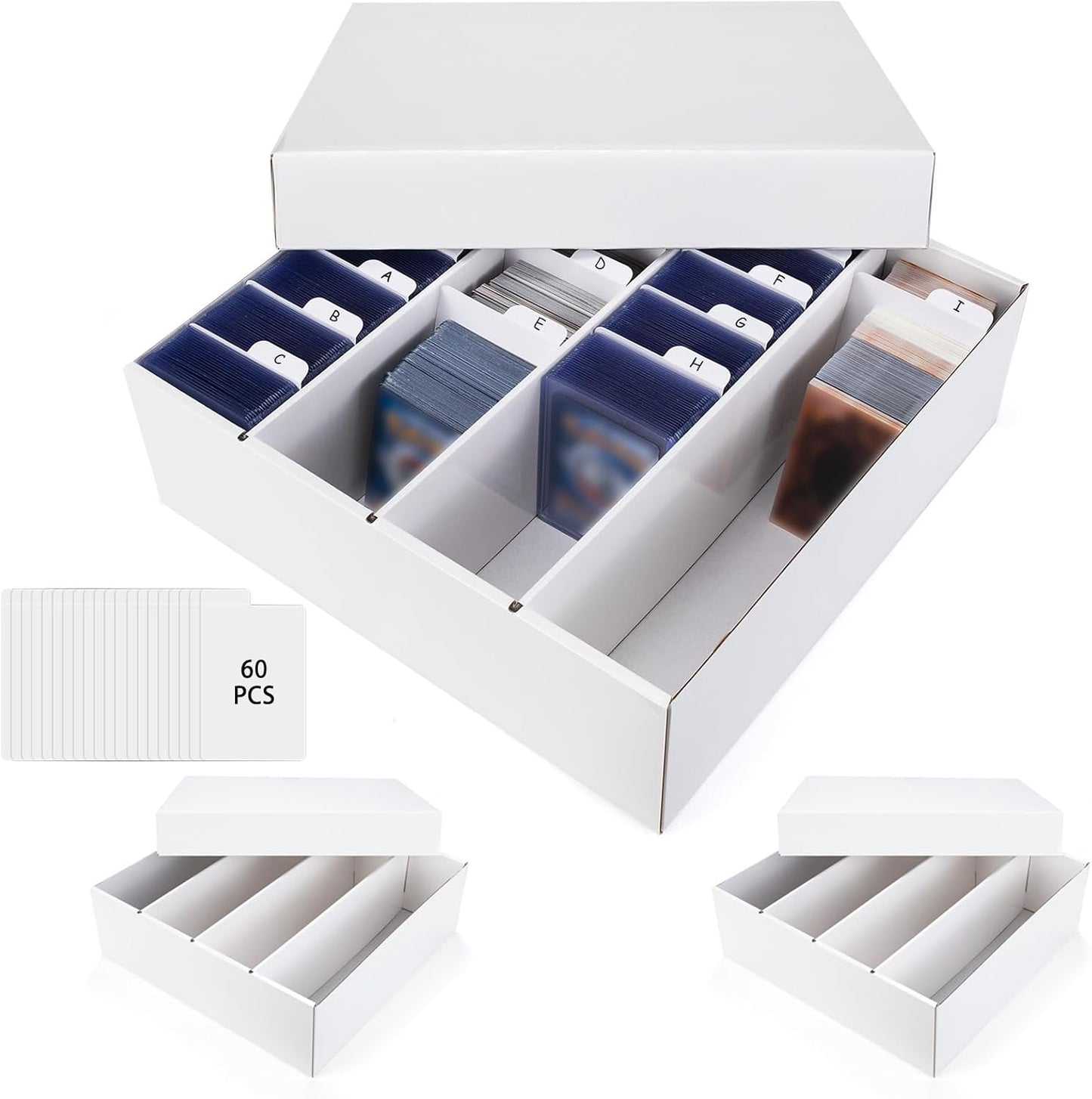 Trading Card Storage Box, 4 Row 3200 Count Collector Cards Box with Divider, White Corrugated Cardboard Compatible with Top Loader Organizer Sorting Tray Box for Sports Cards, MTG, TCG Cards (3-Pack)