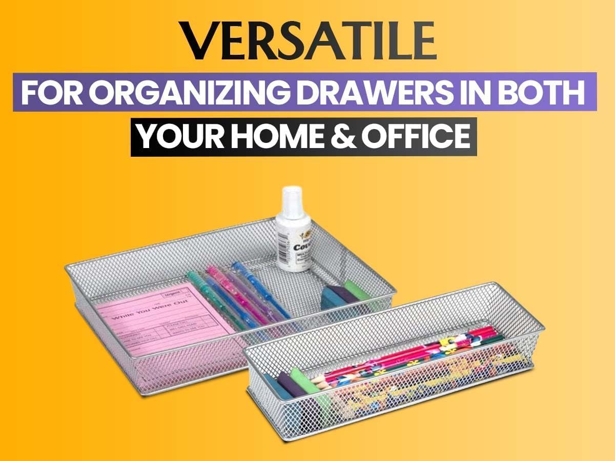 YBM HOME Silver Mesh Drawer Cabinet and or Shelf Organizer Bins, School Supply Holder Office Desktop Organizer Basket (2, 6x12x2 Inch)