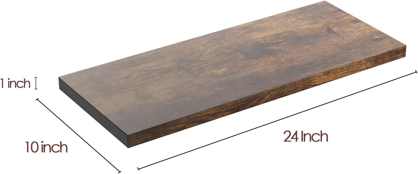 Wall Shelf Set of 3, Rustic Brown Floating Shelves 24 in W x 10 in D x 1 in H, Wooden Floating Wall Shelf with Invisible Brackets for Living Room/Bedroom/Bathroom/Kitchen Storage and Decor