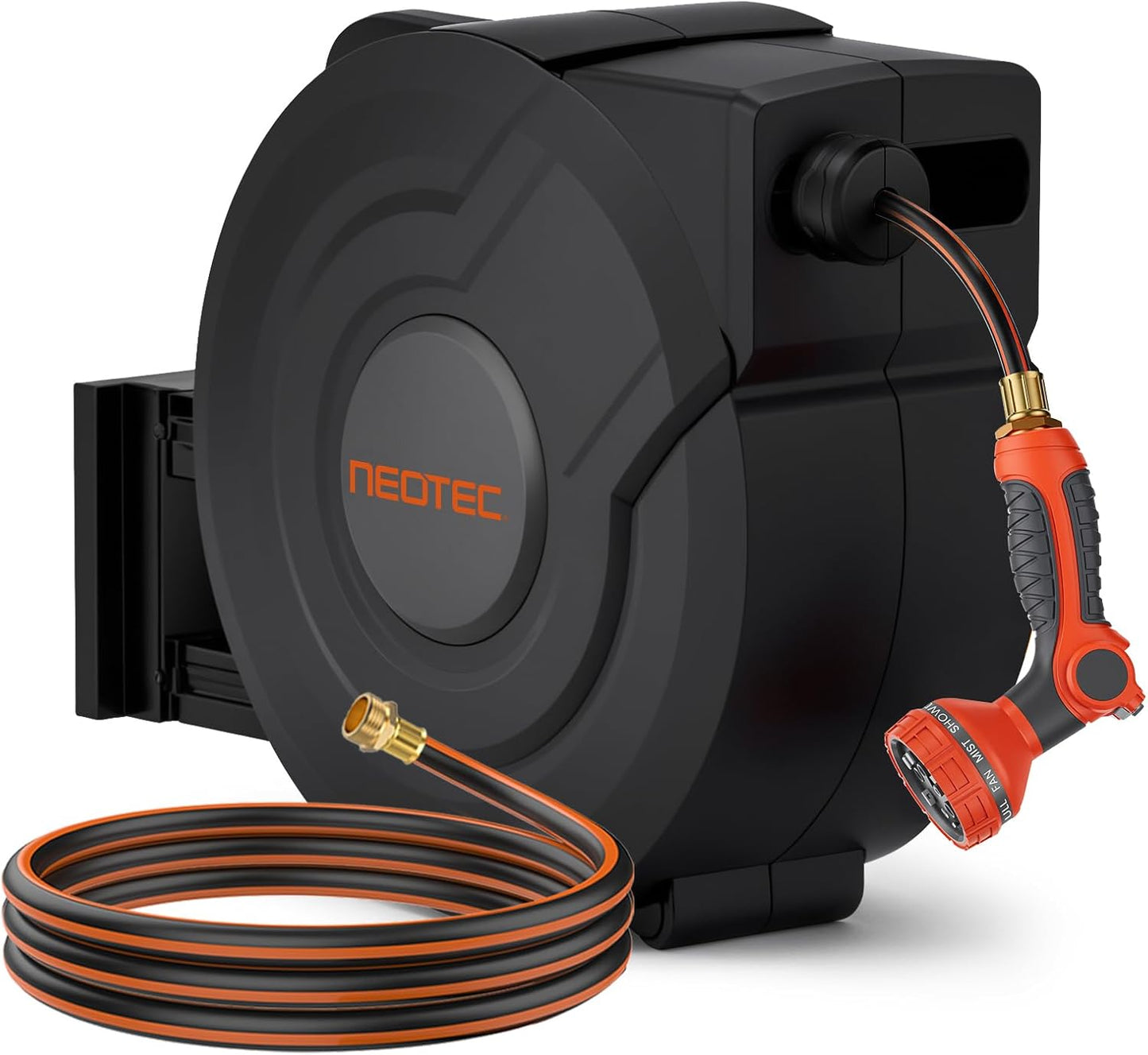 NEOTEC Retractable Garden Hose Reel 1/2 inch x 150ft - Wall Mounted Heavy Duty Hose Reel with 3/4 Inch Brass Fittings & 9-Pattern Nozzle - Auto Rewind System, Any Length Lock, 180° Swivel Bracket