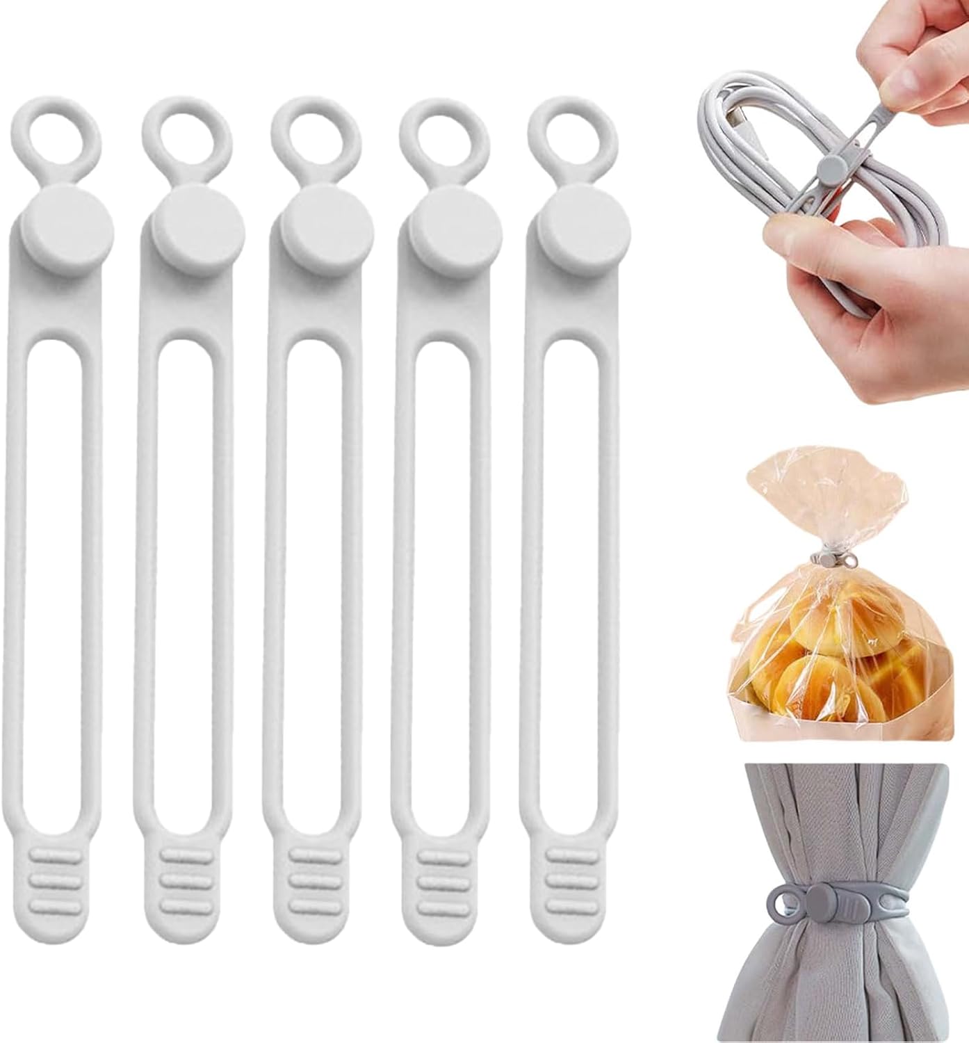 Data Cable Organizer, Silicone Cable Ties Reusable - Elastic Cord Organizer for Electronics, Adjustable Wire Ties for Cable Management,Computer Wires,Phone Charger,Earphone,Home Office (White, 5PCS)