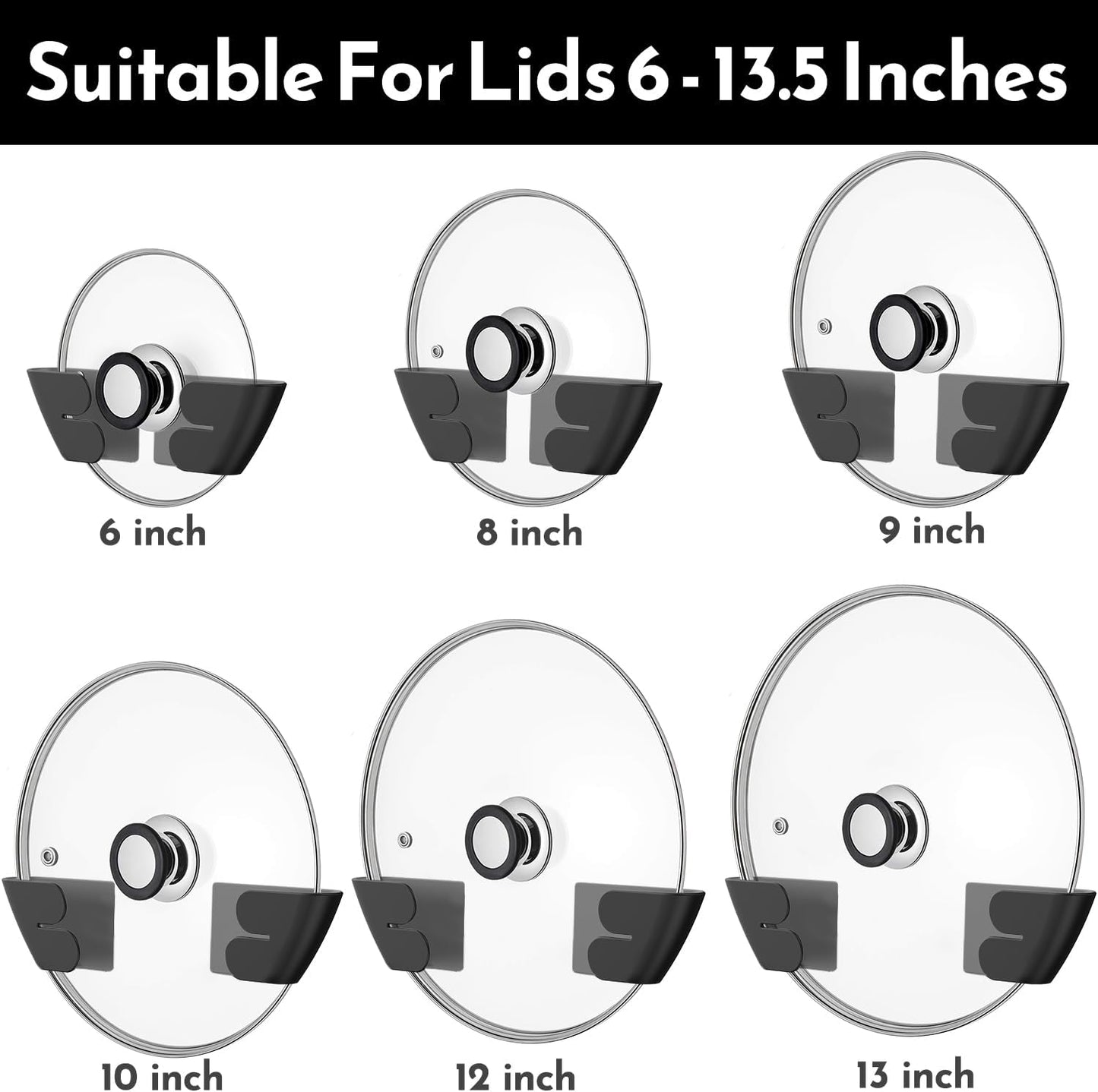 Universal Adjustable Pot Lid Organizer for Cabinet - Upgraded Patented Set of 8 Pan Lids Organizers Inside Cabinet Door Wall Mount Pots Top Holder for Kitchen Cupboard, Fits 6" to 14" (Black)