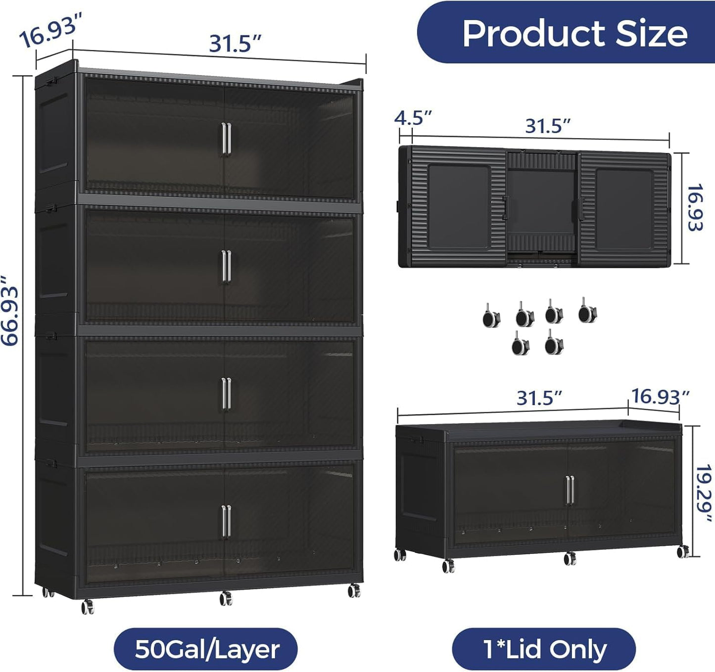200GAL Extra Large Storage Bins with Lid, 800QT Collapsible Organizer with Wheels, Stackable Closet Cabinet with Doors, Folding Storage Containers for Home, Office, Kitchen, 4Pack Black