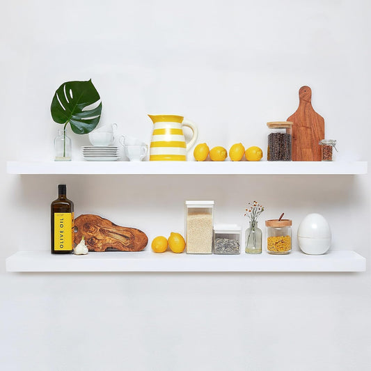 Homeforia Floating White Shelf 60 inches, High End Solid Real Wood 60inch Long Floating Shelves for Wall Mounted, White Wooden 60in Floating Shelves, Heavy Duty Bracket, 60 X 6.5 X 1.75 inch, Set of 3