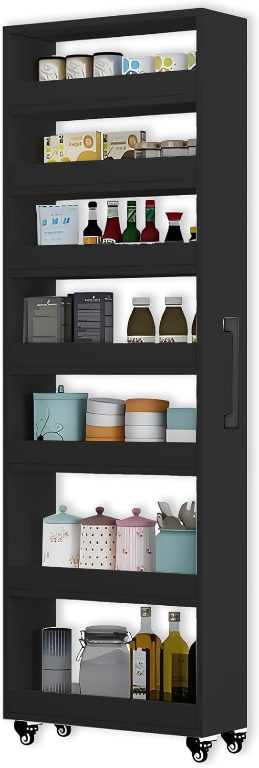 7-Tier Slim Storage Cart, Wooden Rolling Pantry Cabinet with Wheels, Narrow Shelf Organizer for Kitchen, Bakers Rack, Dining Room, Closet, Small Spaces Dark Walnut 73.2" H*7.8" W*23.6" D