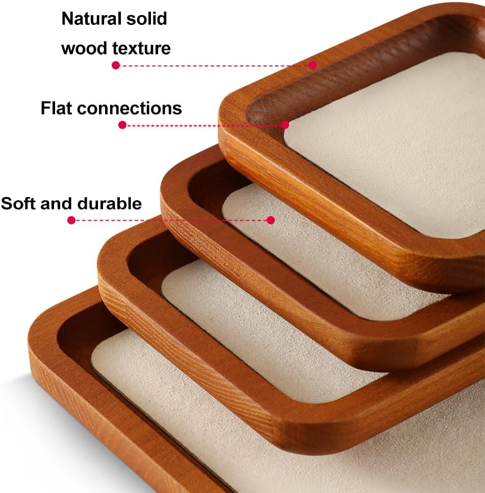 Wooden Jewelry Display Tray Rounded Rectangle Ring Showcase Stackable Elegant Bracelet Watch Jewelry Organizer for Personal Use and Commerce (Old Lace, Large-W 7'' x H 0.6'' x L 7.9'')
