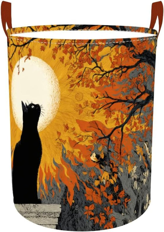 Laundry Baskets 15.7x19.7 Inch Black Cat Autumn Sunset Tree Design Collapsible Laundry Hamper with Handles Oxford Fabric Clothes Storage Bin Foldable Dirty Clothes Organizer for Bedroom Bathroom