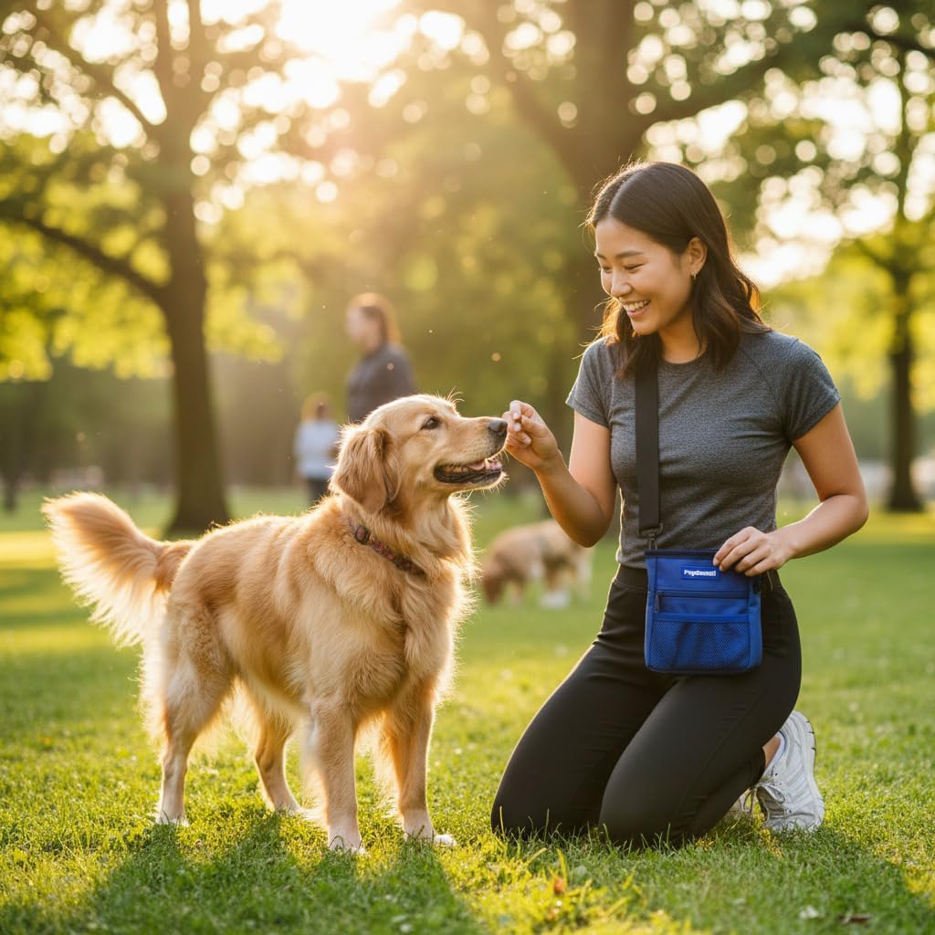 Dog Treat Pouch, Durable Oxford Polyester, No-Spill Magnetic Closure, Treat Pouches for Pet Training with Metal Clip, Waist Belt, Adjustable Strap, Poop Bag Dispenser (Navy Blue)