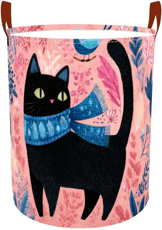 Laundry Baskets 15.7x19.7 Inch Large Black Cat Bird Floral Scarf Design Collapsible Laundry Hamper with Handles Oxford Fabric Clothes Storage Bin Foldable Dirty Clothes for Bedroom Bathroom Dorm