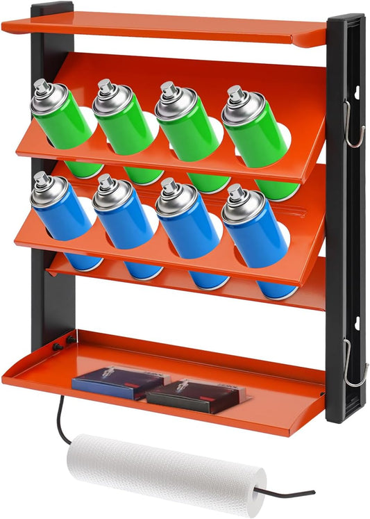 Spray Can Holder Wall-mounted Paints Holder Garage Storage Heavy Duty Paint Bottle Organizer for Garage & Home 8 Can Holes & 2 Shelf Shop Organization And Storage