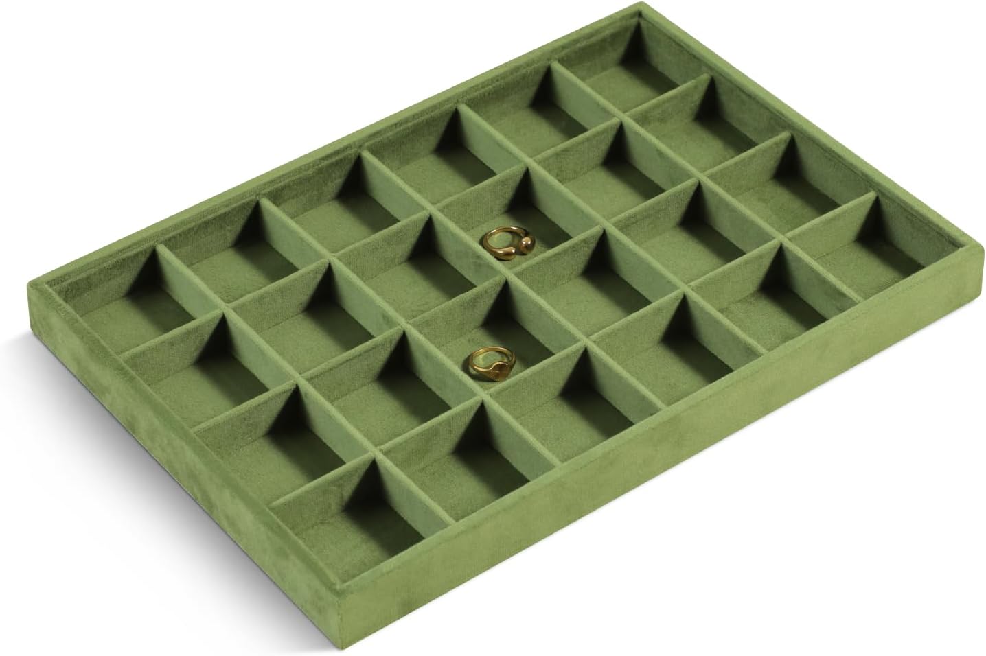 Velvet Stackable Jewelry Display Tray, 24 Grid Earring Ring Storage Tray, Drawer Divider Jewelry Accessories Organizer Plate (Olive Green)