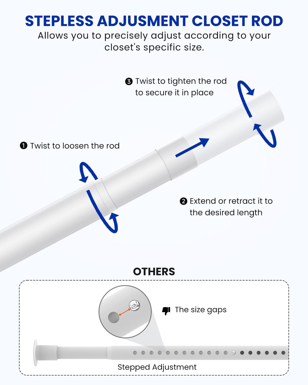 Closet Rods for Hanging Clothes, 17 to 129 Inches Stepless Adjustable Metal Closet Rod, 1.3 Inches Heavy Duty Clothes Hanging Rod for Closet Wardrobes Laundry RV, White