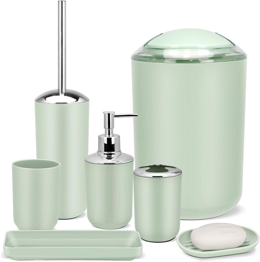 IMAVO Bathroom Accessories Set,Green Bathroom Set,7 Pieces Bathroom Accessory Set,Tray,Toilet Brush,Trash Can for Bathroom Décor and Housewarming Gifts