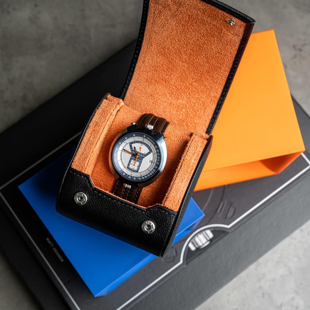 DailyWatch | Personalized Watch Roll Travel Case For 1 Watches - Handmade Genuine Leather Travel Case With Custom Engraving of Name or Initials - Black Orange