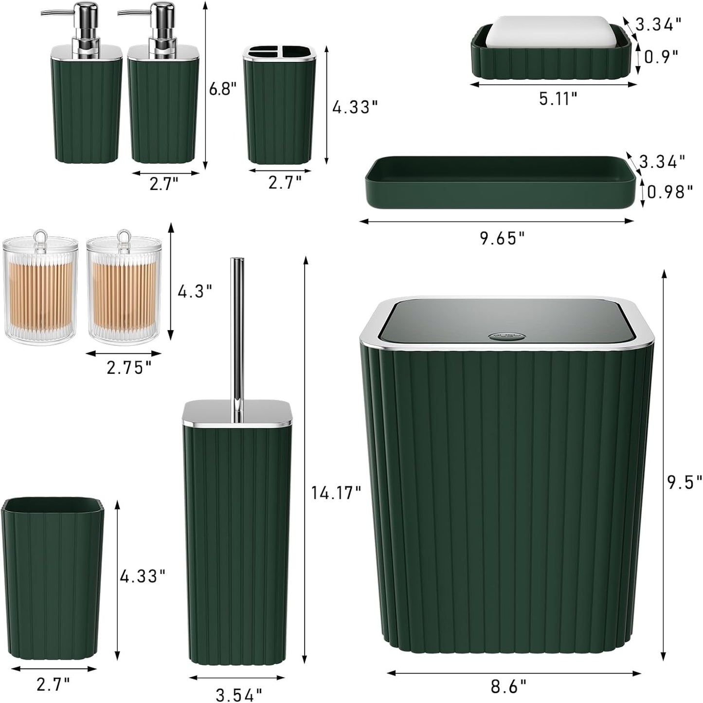 Bathroom Accessories Set - Gorgeous Green Bathroom Set, 10PC Green Bathroom Accessory Set, Bathroom Sets with Toilet Brush, Bathroom Trash Can