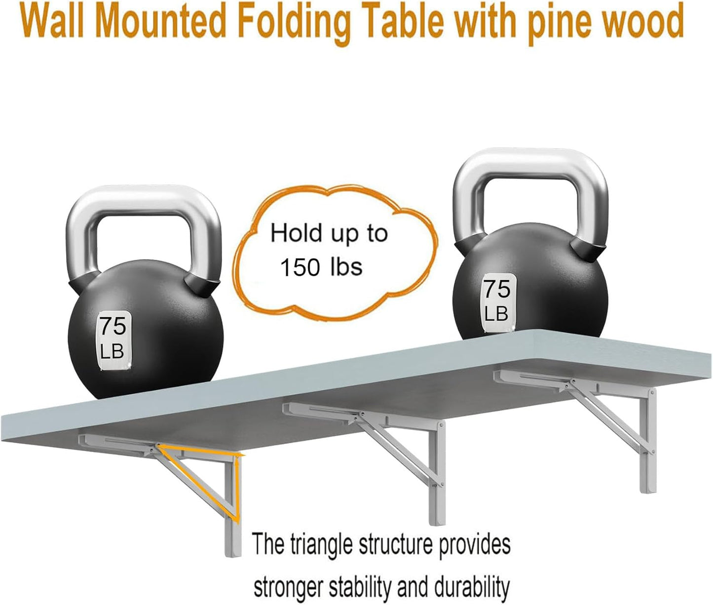 IAE Wall Mounted Folding Table with Pine Wood,55" x 16" Floating Wall Desk,Laundry Folding Table with Shelf Brackets,Fold Down Desk Shelf,Folding Workbench for Home,Dining,Laundry Room,Kitchen,White
