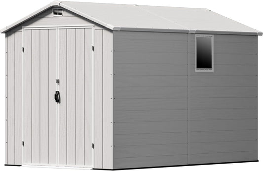 Patiowell 6x10FT Outdoor Storage Shed with Floor, Plastic Resin Garden Shed with Lockable Door, Windows, Weather-Resistant for Lawn Mower, Tool & Backyard Storage (Light Grey)