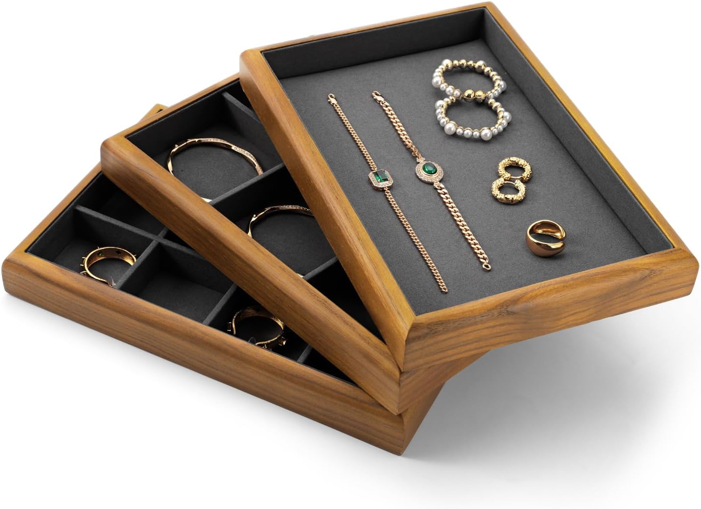 Oirlv Solid Wood Stackable Jewelry Organizer Tray Jewelry Drawer Organizer(Grey)