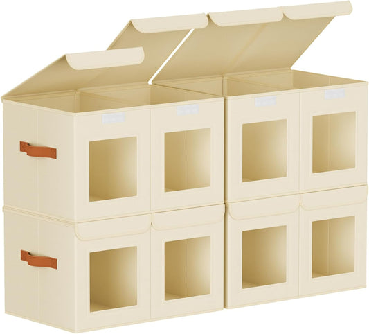 Large Closet Storage Bins - Collapsible Divided Clothes Organizer with Lids & Dual Window, Fabric Organizing Bins for Clothes, Sweater, Toys, Bedroom, Office (Beige, 4 Pack)