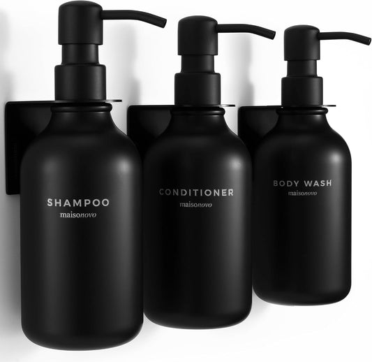 MaisoNovo Shampoo and Conditioner Dispenser - Shower Soap Dispenser Wall Mounted - 16.9 fl oz Set of 3 Black Plastic Bottles Black Pump - Shampoo Dispenser, Shower Dispenser