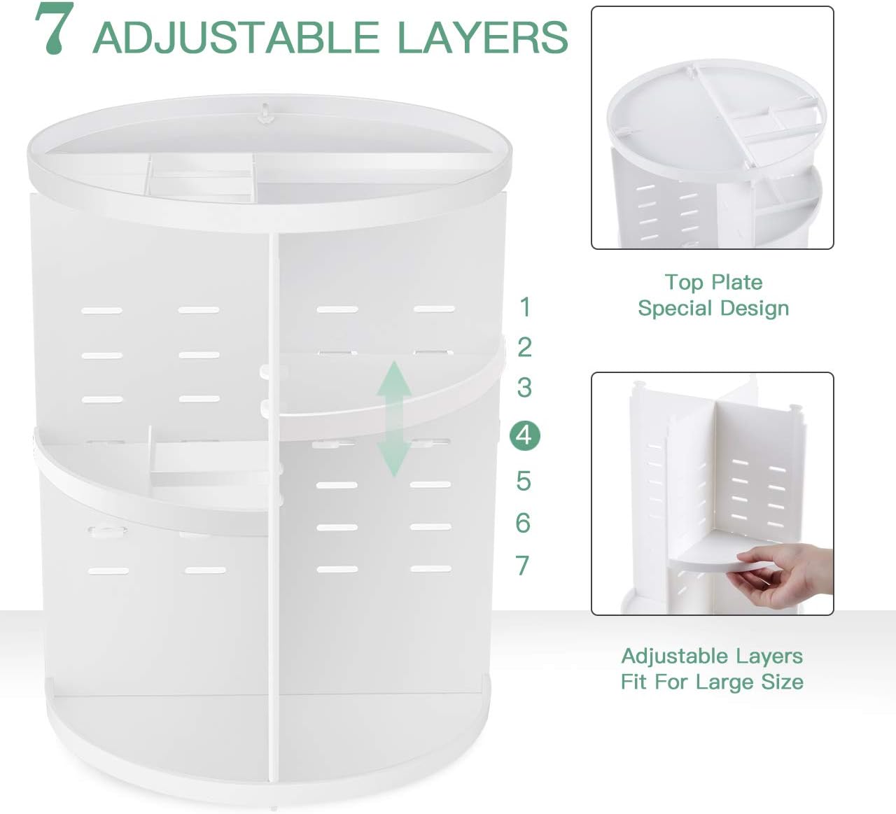 360 Rotating Makeup Organizer,DIY Adjustable Spinning Holder,Foldable Cosmetic Storage Display box,Large Capacity Make up Caddy Shelf,Fits Countertop Vanity and Bathroom (WHITE)