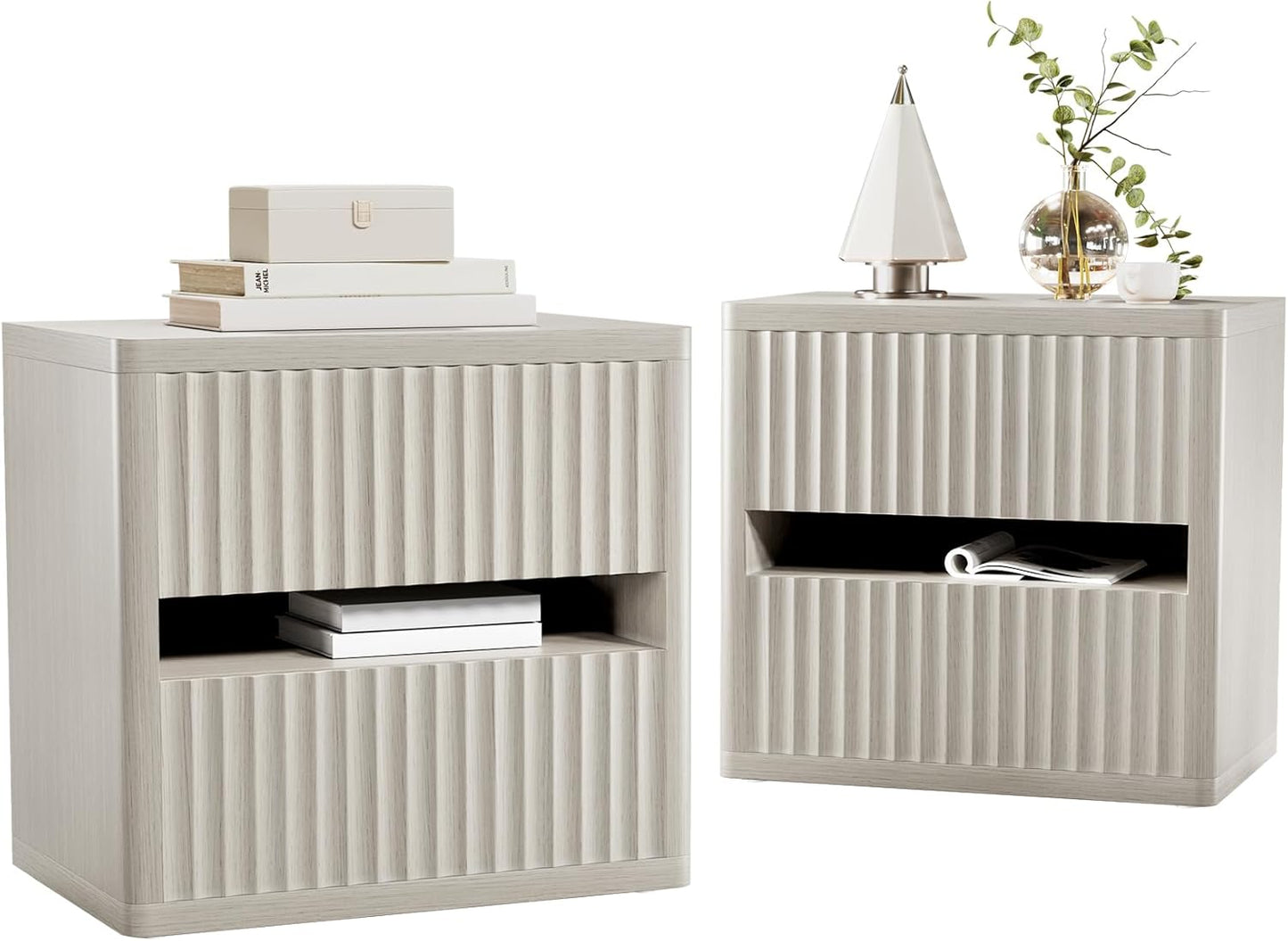 Dripex Fluted Nightstand Set of 2 with Drawers Storage, Large Wide Wood Night Stand Bedside Tables for Bedroom, Mid-Century Modern Bed Side Table, End Tables for Living Room Sofa Couch, Gray Oak