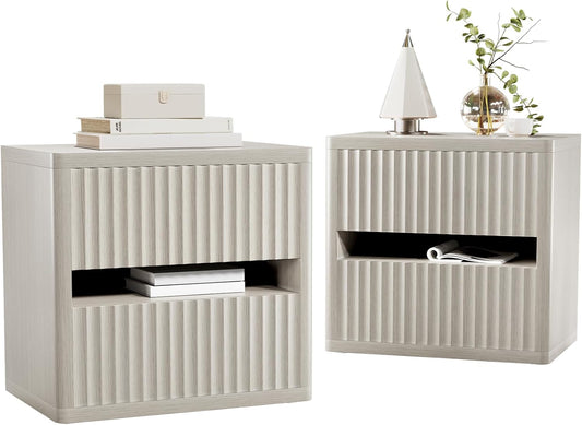 Dripex Fluted Nightstand Set of 2 with Drawers Storage, Large Wide Wood Night Stand Bedside Tables for Bedroom, Mid-Century Modern Bed Side Table, End Tables for Living Room Sofa Couch, Gray Oak