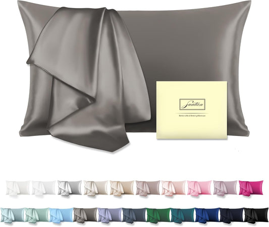 Natural Mulberry Silk Pillowcase for Hair and Skin Queen Size 20"X30" Silk Pillow Case with Hidden Zipper Soft Breathable Smooth Cooling Silk Pillow Covers for Sleeping(Gray,Queen,1Pcs)