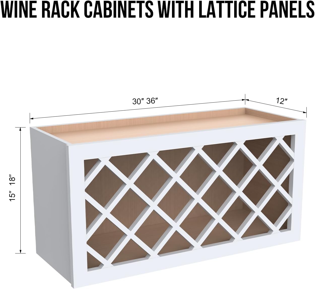 Solid Wood Wine Bottle Rack Wall Cabinet with Lattice Panels - Wine Holder and Storage for Bar, Pantry, Cellar - Mocha (White, 30'W 12'D 15'H)
