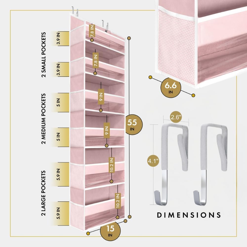 HOMELUX THEORY Over The Door Organizer Hanging - 50lbs Load 6 Large Front & 12 Side Pockets, 2 Pack Over The Door Shoe Organizer, Hanging Closet Organizer For Toys, Diaper, Purse, Sewing (Baby Pink)