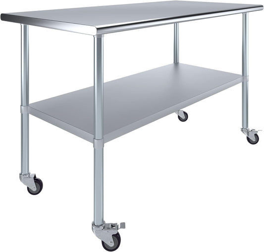 AmGood 30" x 60" Stainless Steel Work Table with Casters | Heavy Duty Metal Utility Table On Wheels | Kitchen Island Cart