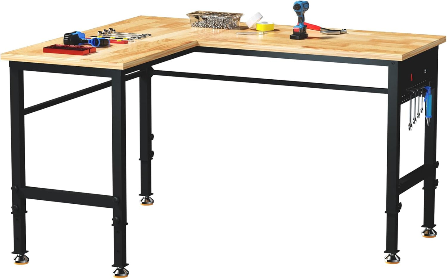 Betterhood 48"/60" Heavy-Duty Adjustable Workbench for Garage, Rubber Wood Shop Table,Hardwood Workstation Weight Capacity Over 1500 Lbs (L Shape/Rubber Pad/Power Outlets/Ruler/57.1" x47.2)