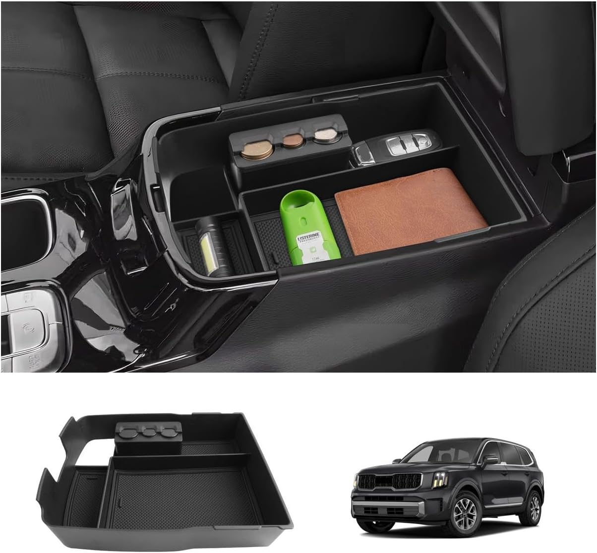 LUWU 2025 Telluride Center Console Organizer for 2020 2021 2022 2023 2024 2025 Telluride Accessories Armrest Console Storage Box Insert Tray with Coin Box ABS Material Black