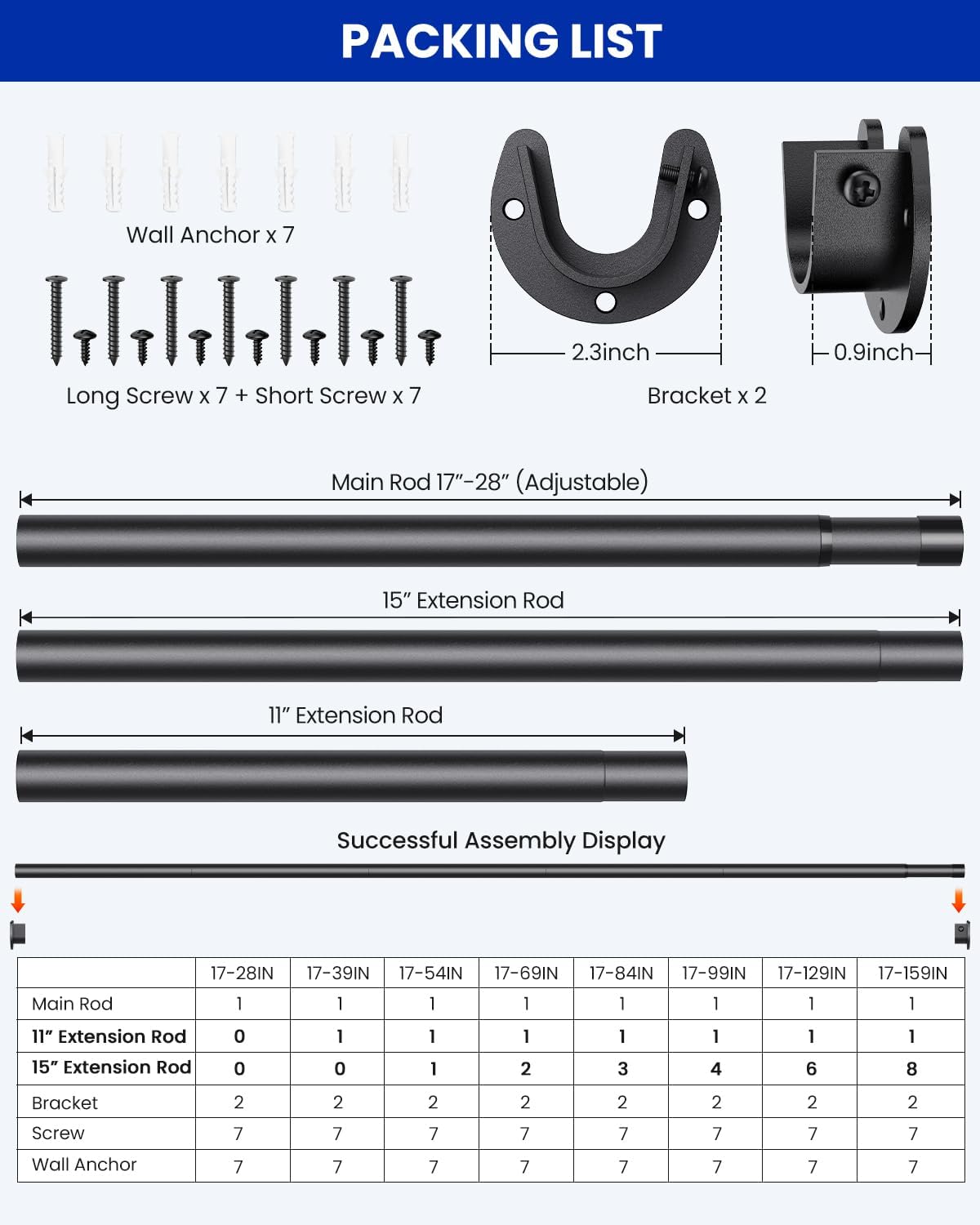Closet Rods for Hanging Clothes, 17 to 159 Inches Stepless Adjustable Metal Closet Rod, 1.3 Inches Heavy Duty Clothes Hanging Rod for Closet Wardrobes Laundry RV, Black