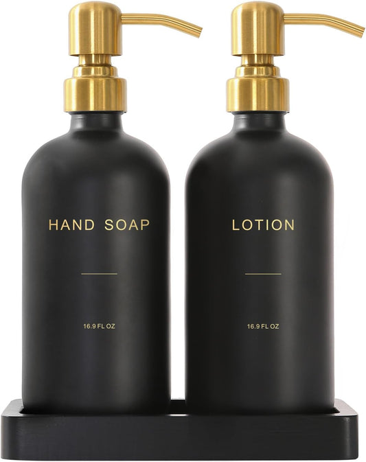 Soap Dispenser Bathroom Set, Hand and Lotion Dispenser with Stainless Steel Pump, Perfect for Black and Gold Bathroom Decor. (Gold & Black)