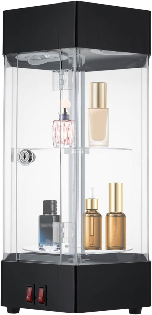 LED Electric Rotating Acrylic Display Case, Jewelry Display Case, Free Standing Electric Rotating Display Case with Lock and Keys for Cosmetics Jewelry Watch Sunglasses White/Balck (Black)